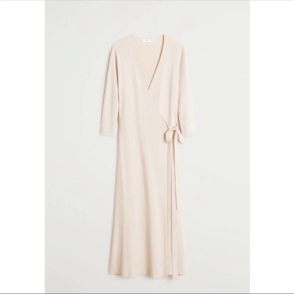 Mango ribbed wrap knitted dress in ecru